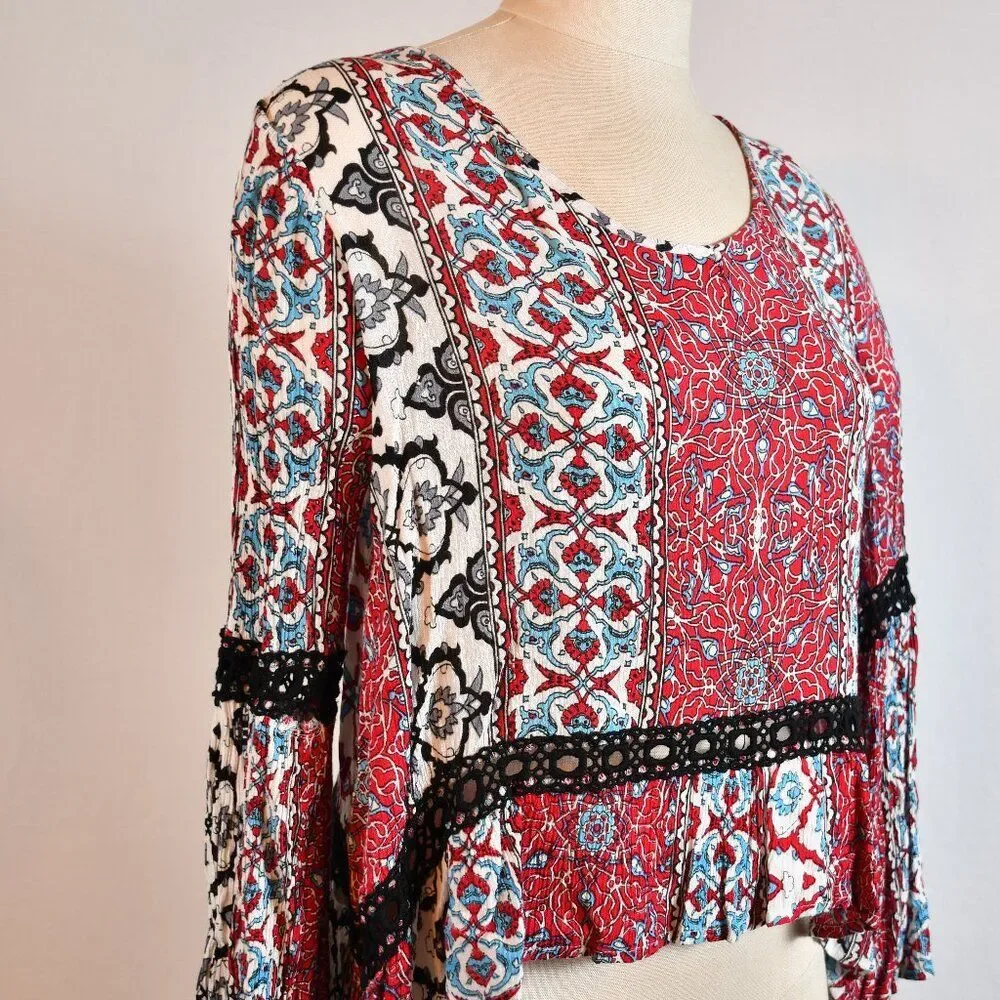 EARTHBOUND Trading Co: Hobo Festival Bell Sleeve Peace Blouse Top: Size M